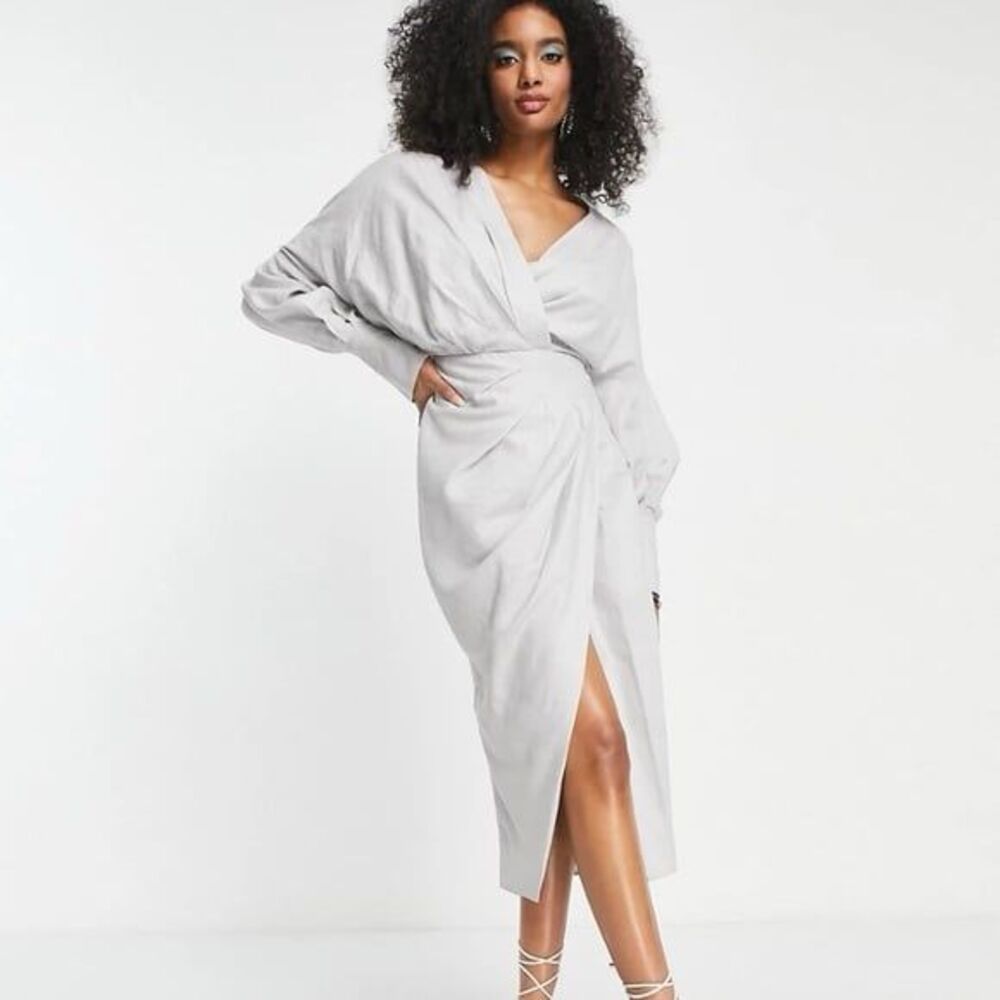 ASOS EDITION drape linen midi dress with wrap bodice & skirt in pebble gray Sz6
